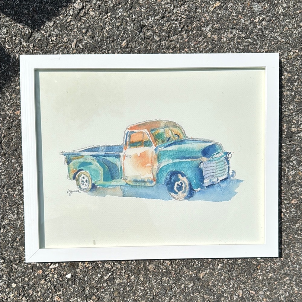 Vintage Truck Watercolor Art in White Frame